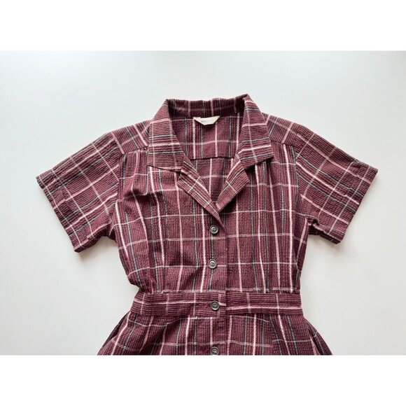 MOUSSY Dark Red Burgundy Check Cotton Seersucker Retro Midi Shirt Dress, Size M - Picture 6 of 13